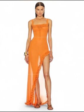 Sheer Ruffled Long Dress in
Orange - HELSA